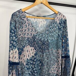Westport Paisley Print Blue Balloon Sleeve Dress Size XL